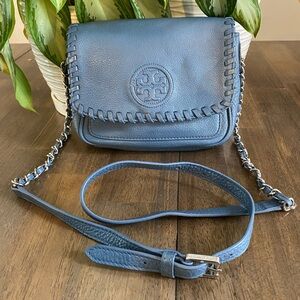 Tory Burch Blue Leather Mini Marion Crossbody Bag Silver